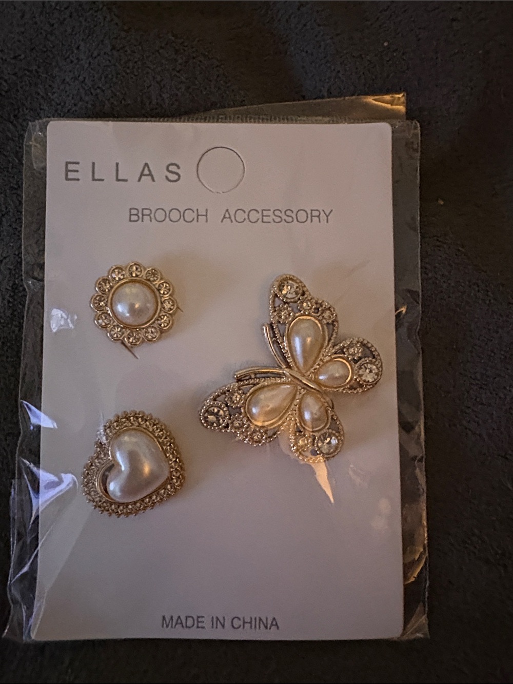 3 PC - Ella Gold Pearl Butterfly and Heart Brooch Set - Gold